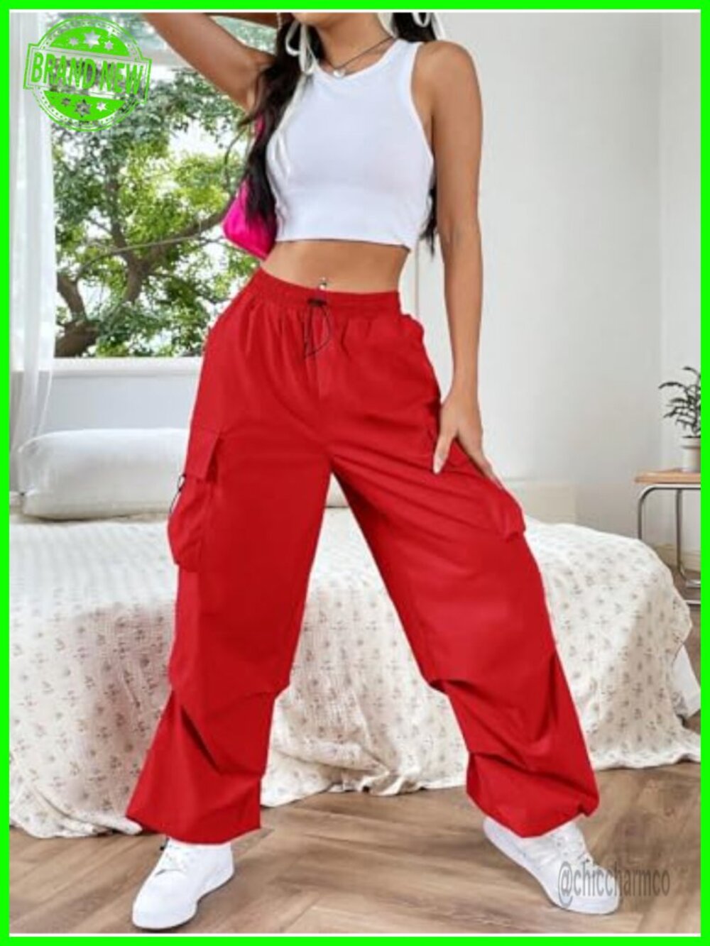 Baggy Loose Cargo Pants Drawstring Waist Joggers Long Trousers - Picture 6 of 7